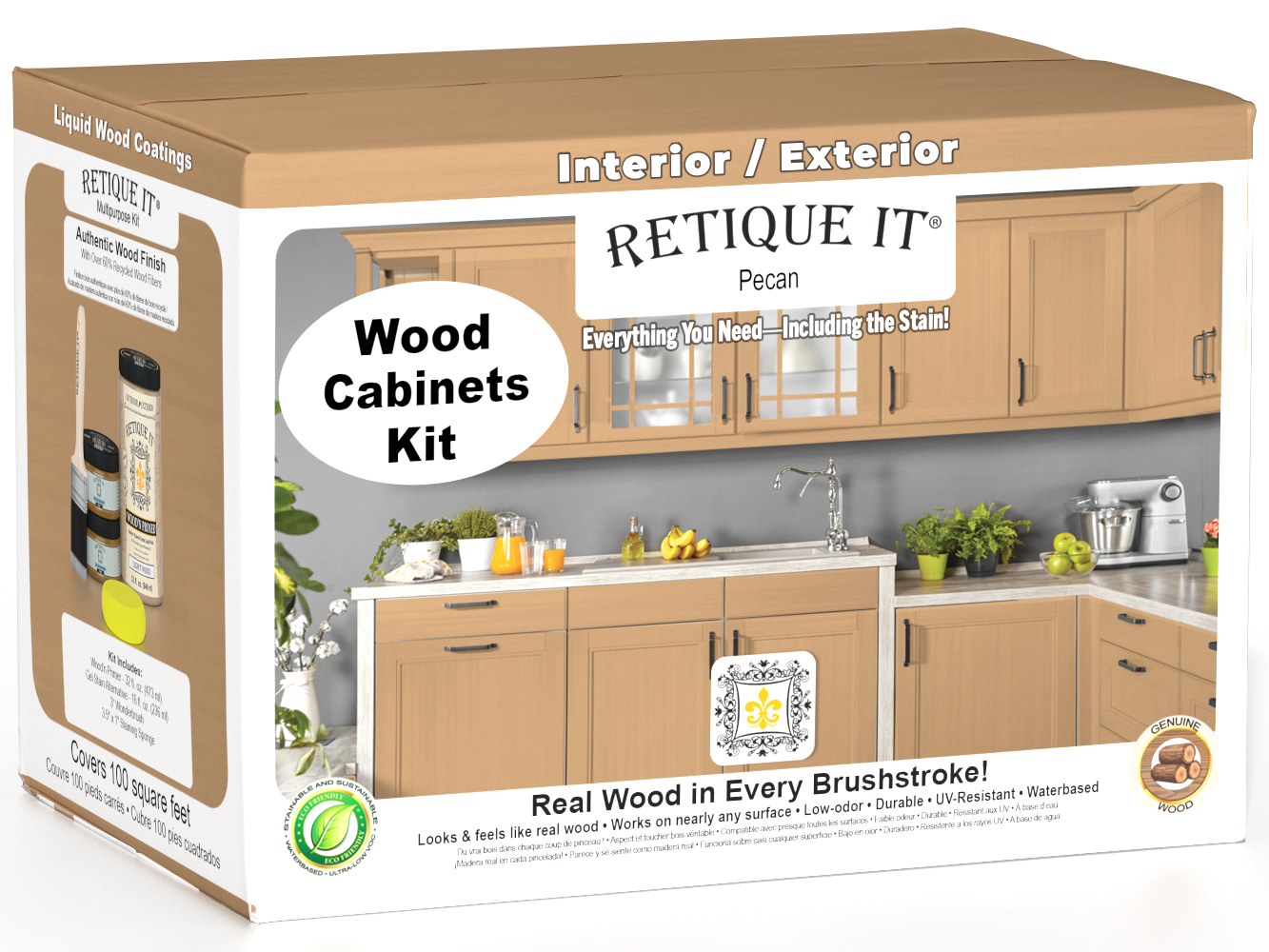 Retique It® Wood'n Cabinet Kit with 12 smooth pecan-stained cabinet doors, showcasing natural wood grain and finish.