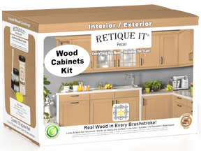Retique It® Wood'n Cabinet Kit with 12 smooth pecan-stained cabinet doors, showcasing natural wood grain and finish.