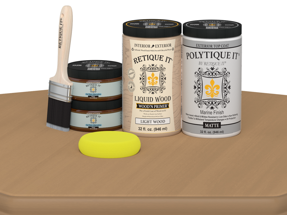 Large Pecan wood finish kit by Retique It® with matte exterior top coat for a smooth, multi-purpose wood surface finish.