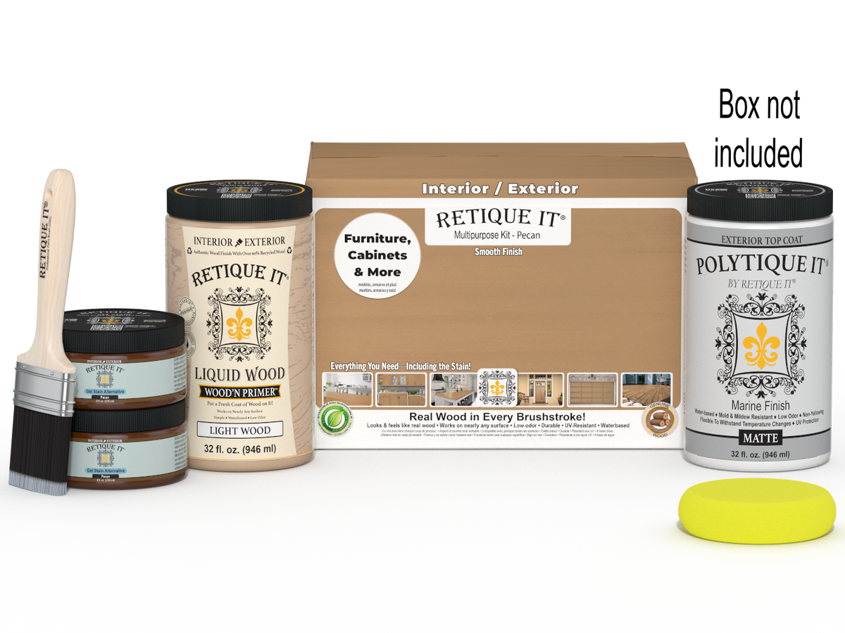 Large Pecan wood finish kit by Retique It® featuring exterior top coat and smooth finish components in a box.