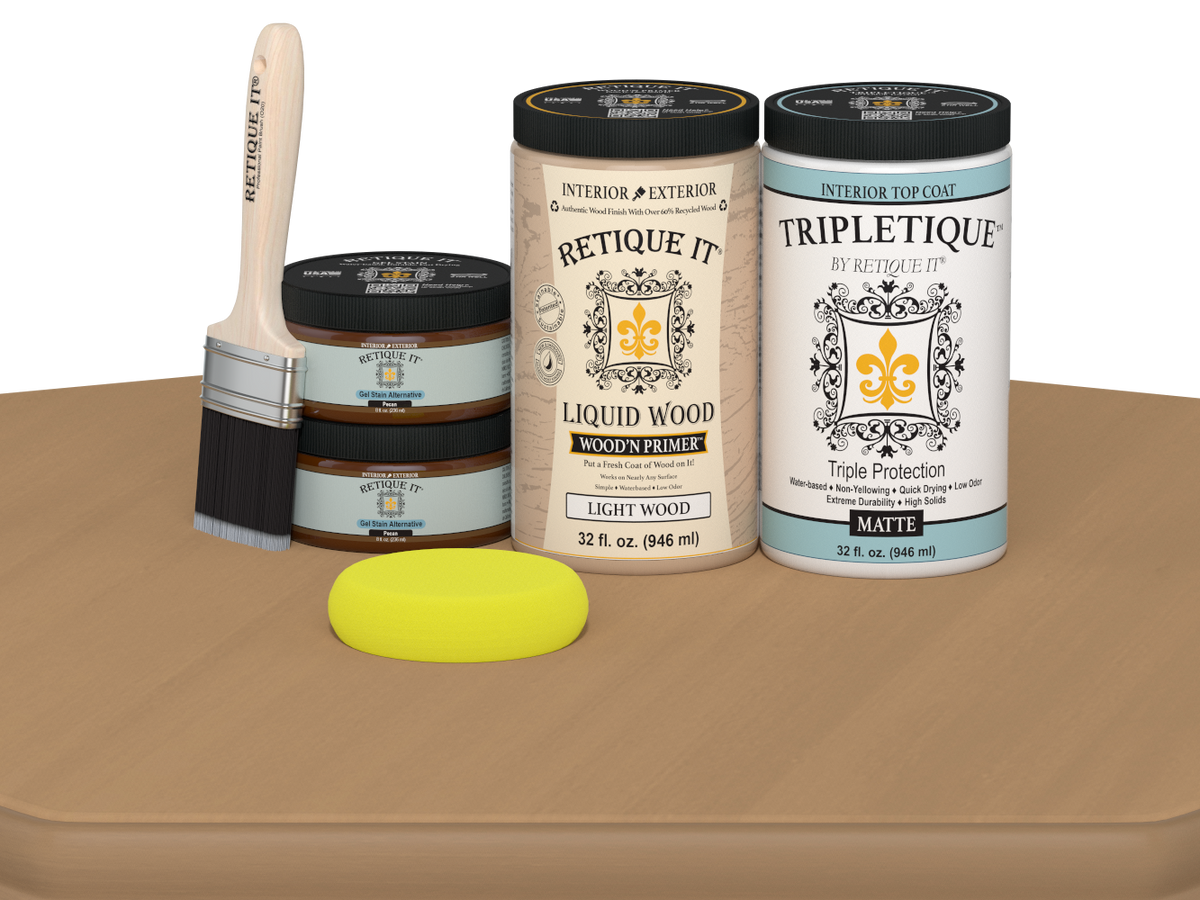 Retique It® large Pecan wood finish kit with smooth matte top coat, ideal for interior wood projects.