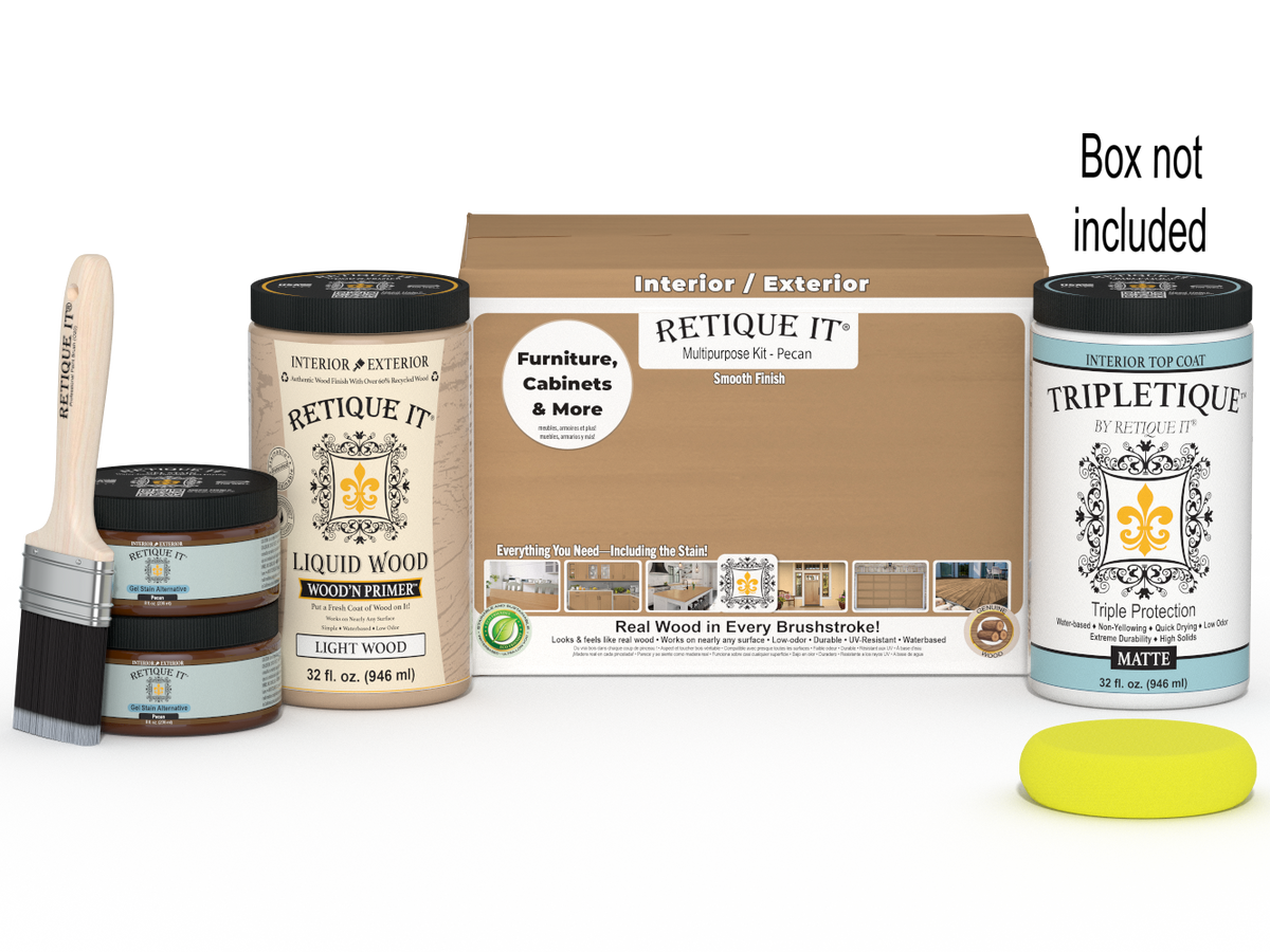 Large Pecan Multi-purpose Smooth Finish Kit by Retique It® for interior wood top coating, including tools and supplies in box.