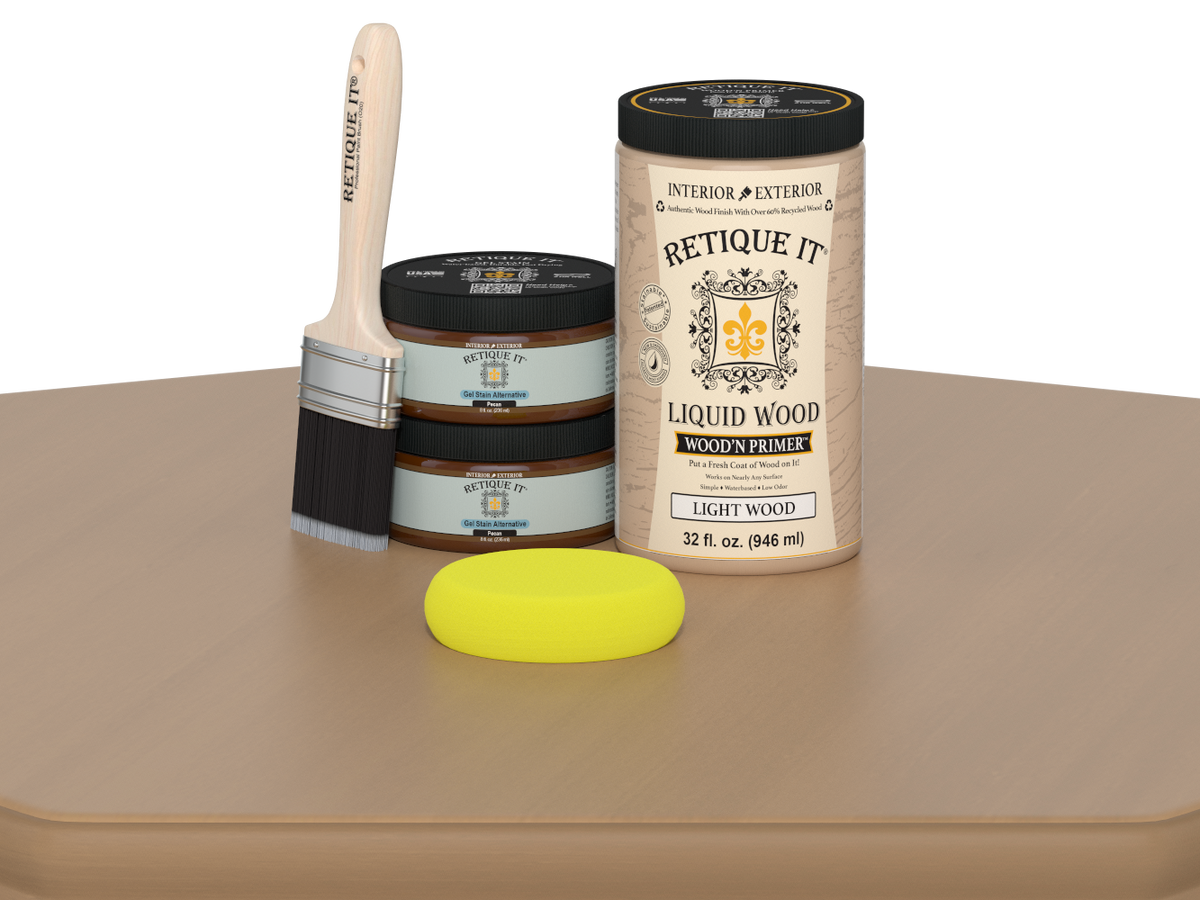 Retique It® Wood'n Cabinet Kit in Pecan with 12 smooth doors, showcasing a stained wood finish on a cabinet table.