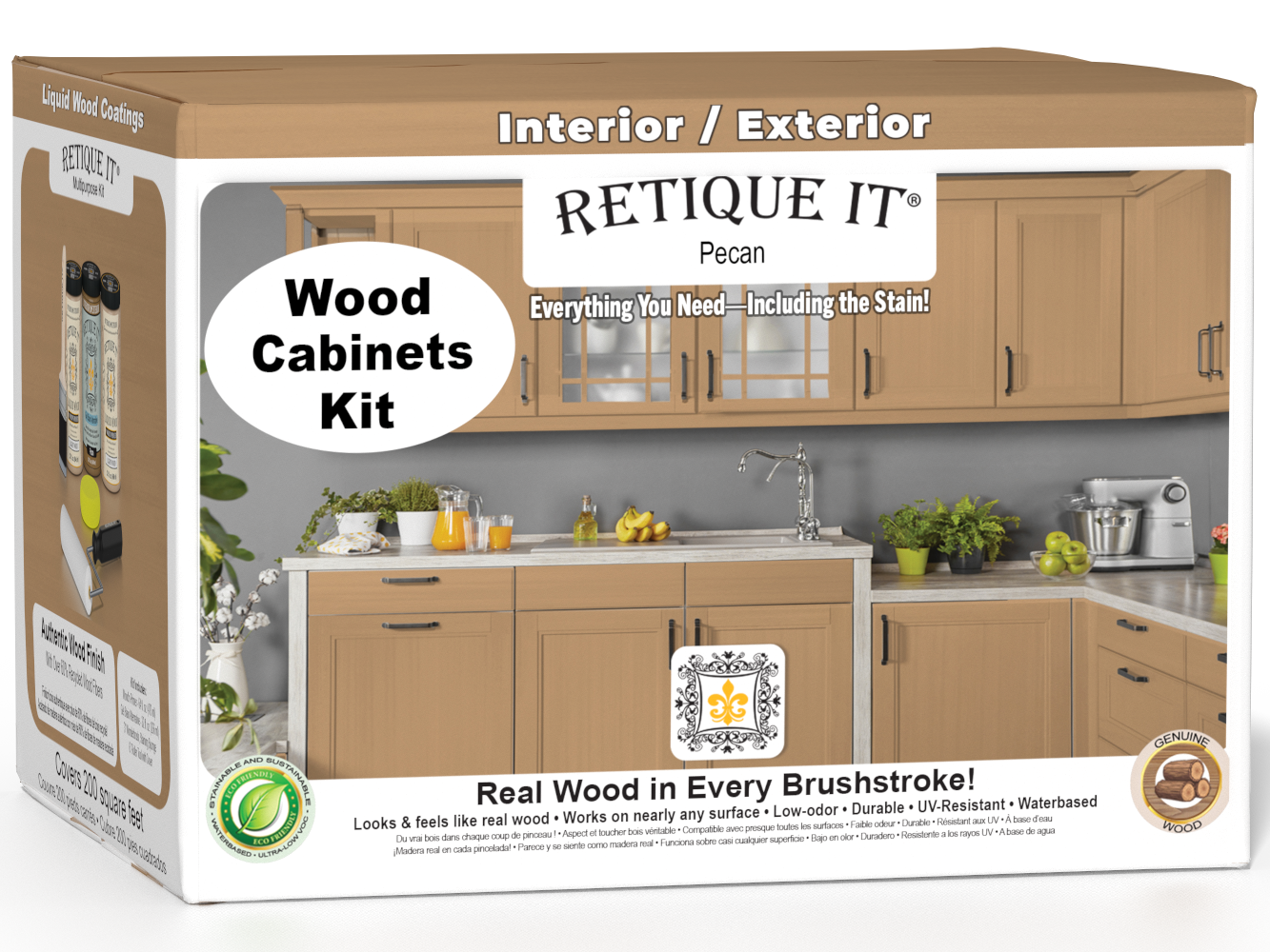 Retique It® Wood'n Cabinet Kit with 24 smooth pecan stain doors, ideal for kitchen or bathroom cabinet renovation.