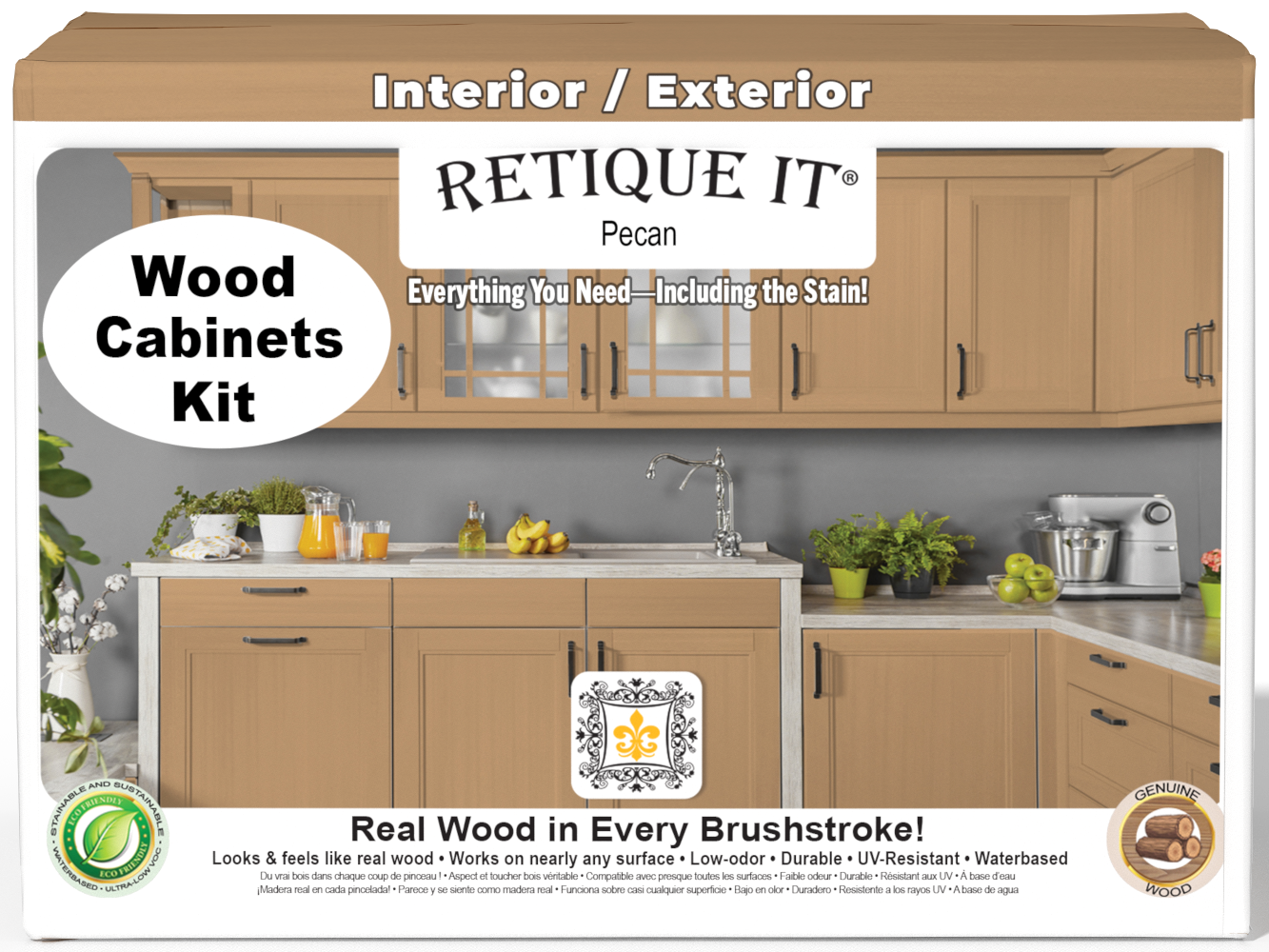 Retique It® Wood'n Cabinet Kit with 24 smooth pecan-stained cabinet doors, featuring natural wood grain and modern design.