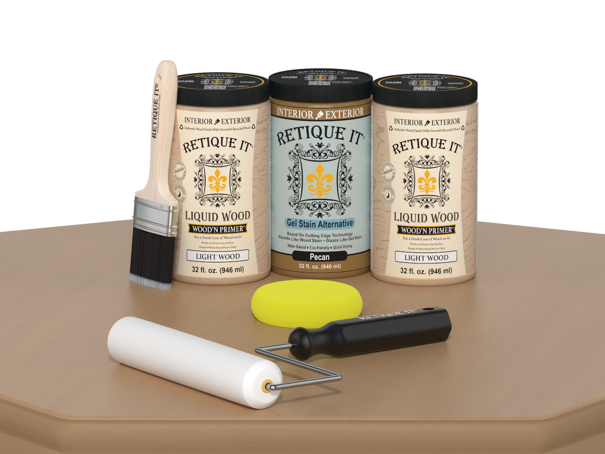 Retique It® Wood'n Cabinet Kit in Pecan stain, 24 smooth cabinet doors with a natural wood finish.