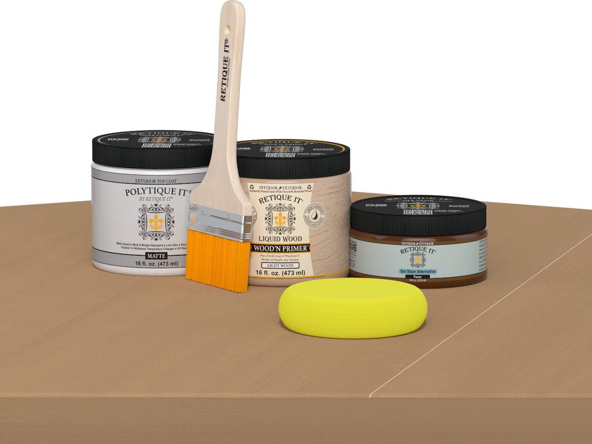 Retique It® Multi-purpose Smooth Finish Kit in Pecan for exterior wood surfaces, includes top coat and application tools.