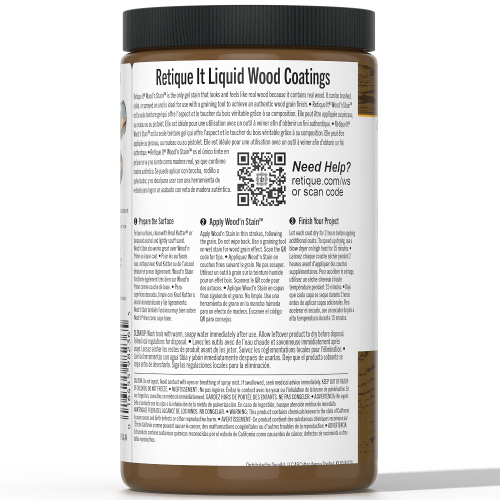 Retique It Liquid Wood Wood'n Stain in Dark Pecan, 32 oz bottle, showcasing the stain's rich, deep wood tone.