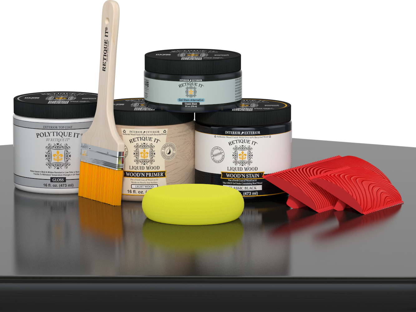 Retique It® wood finish kit with black top coat, featuring smooth, glossy exterior wood surface on a table.