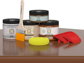 Retique It® Wood'n Kit in cedar for exterior wood finishing, featuring the gloss top coat on a wooden surface.