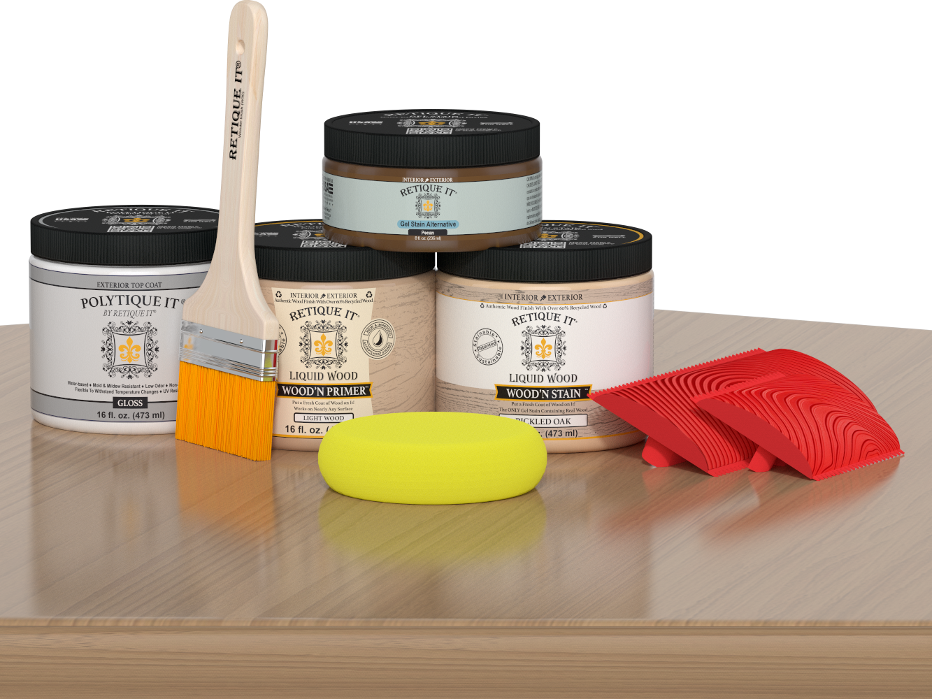 Gloss finish on pickled oak wood in the Retique It® Wood'n Kit Med for exterior top coating, shown on a table surface.
