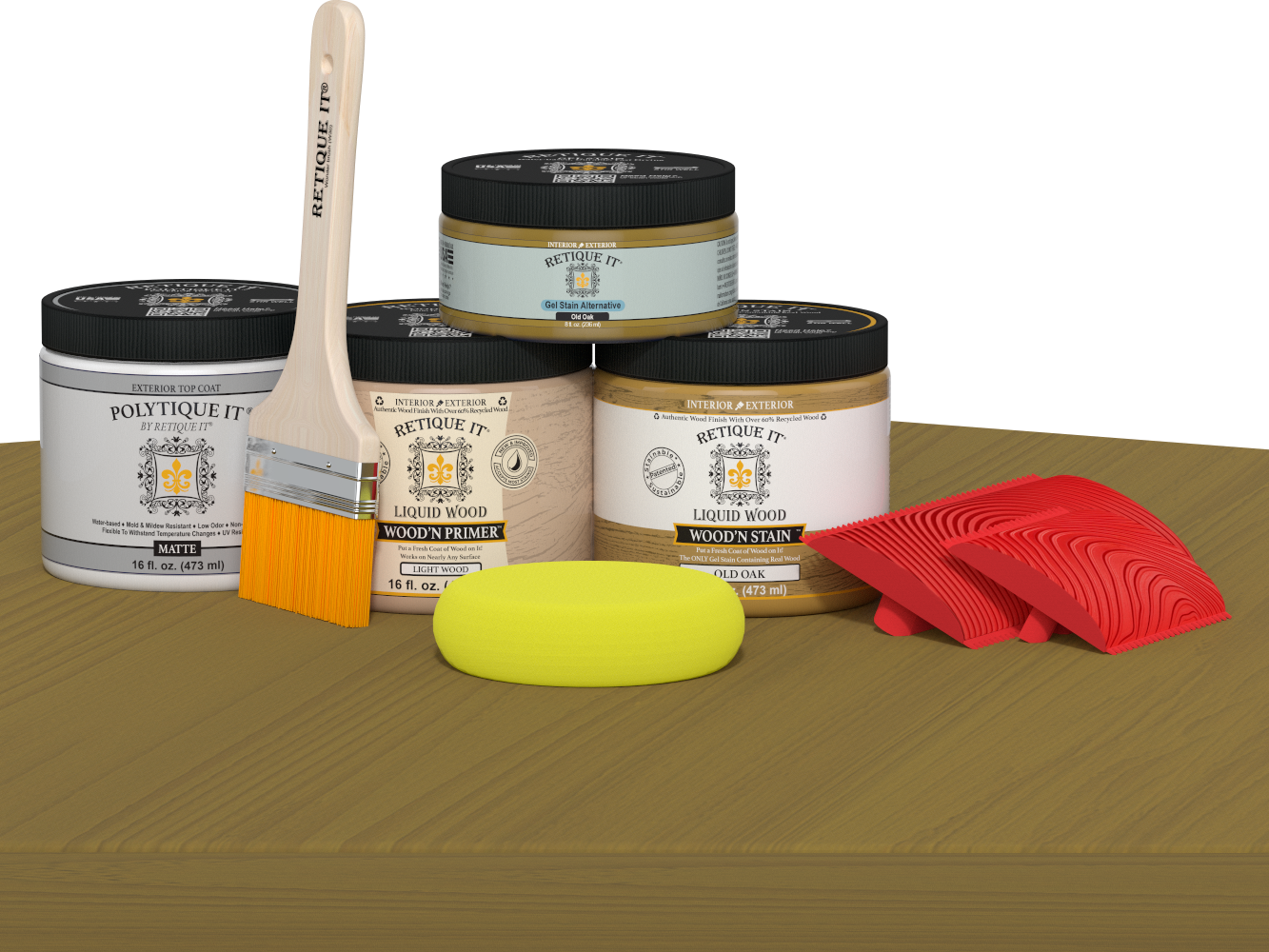 Retique It® Wood'n Finish Kit in Old Oak for exterior top coat, showing a matte wood surface with natural oak grain.