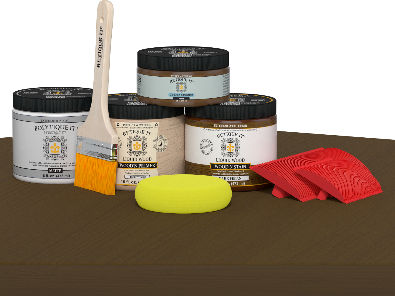 Retique It® Wood'n Kit in Dark Pecan with matte finish, featuring a multi-purpose exterior top coat for wood furniture.