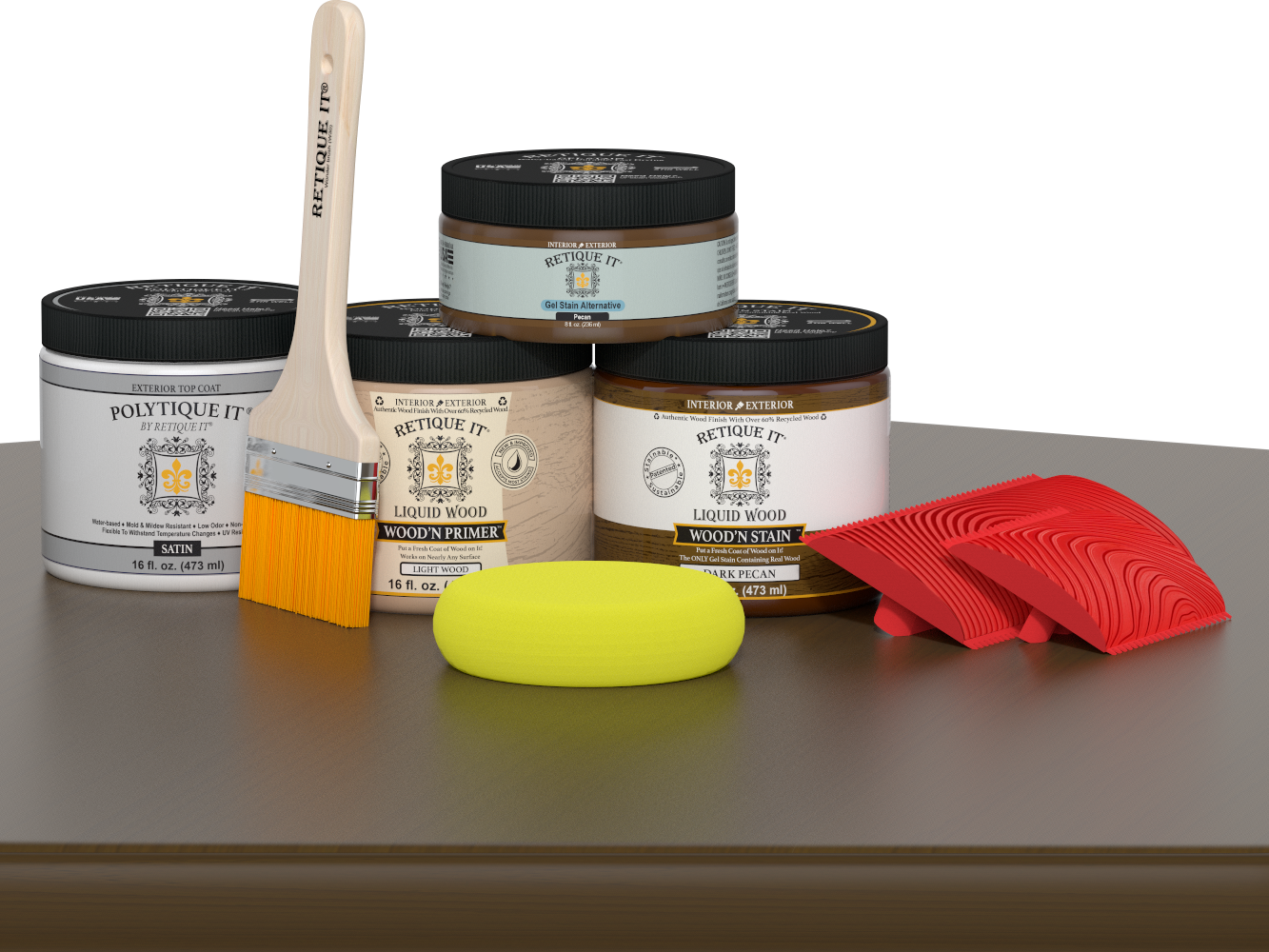 Dark Pecan Wood'n Finish Kit by Retique It® for exterior wood projects, satin top coat applied on wooden surface.