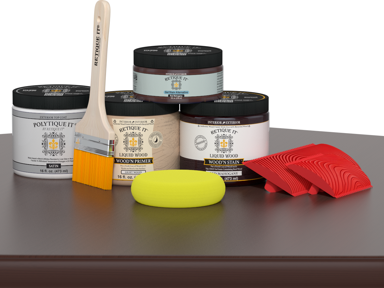 Retique It® Wood'n Finish Kit in Red Mahogany for exterior wood projects, featuring satin top coat on a wooden surface.