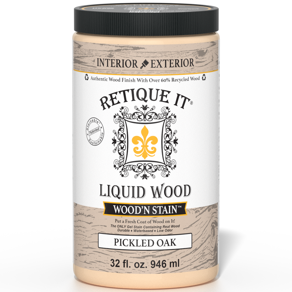 Liquid Wood Wood'n Stain in Pickled Oak by Retique It® displayed in a 32 oz bottle for wood staining projects.