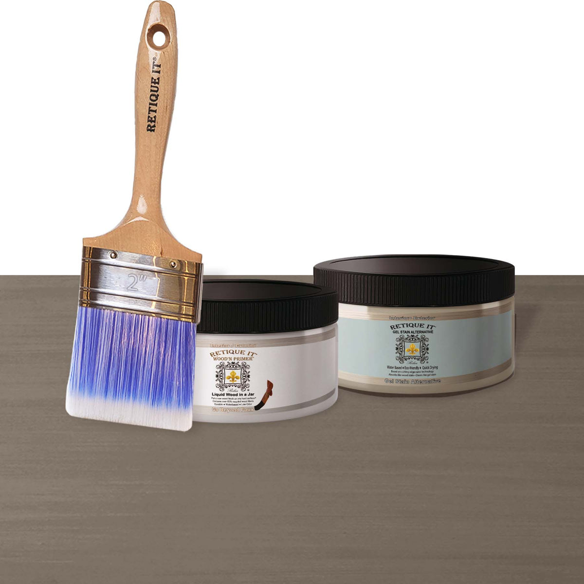 Retique It Multi-purpose Smooth Finish Kit in Harbor Gray with primer and gel for wood finishing projects.