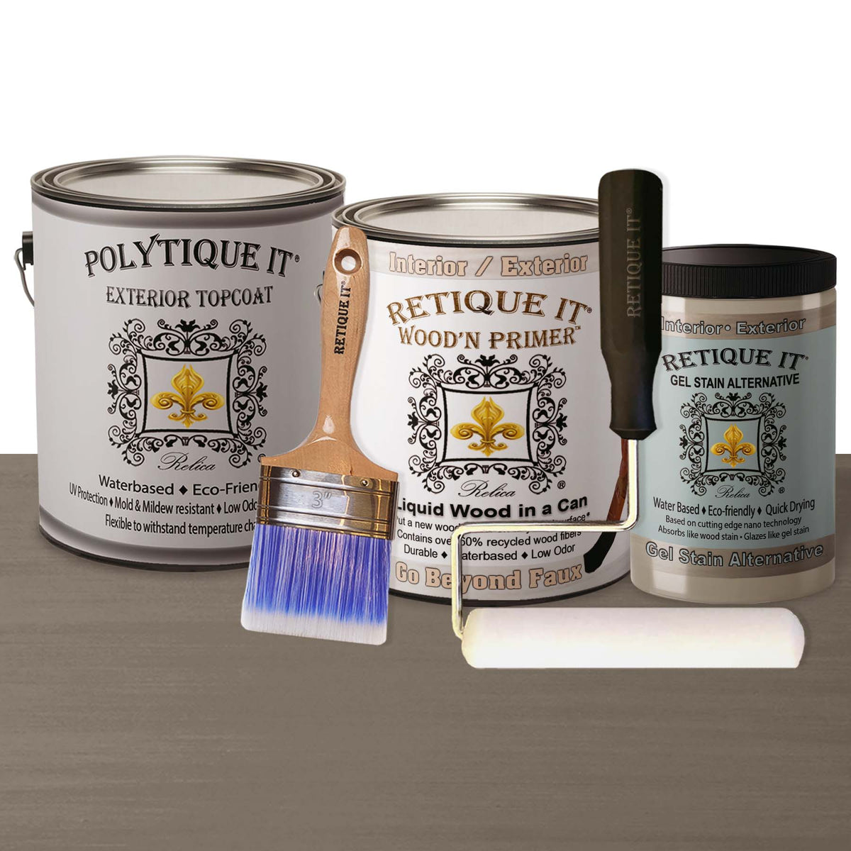 Retique It Decking Wood'n Smooth Kit in Harbor Gray stain, including primer and gel components for wood decking restoration.