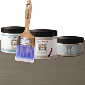 Retique It wood finish kit with gray primer, gel applicator, and top coat for smooth interior wood surface finishing.