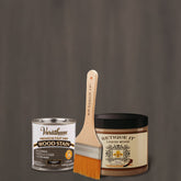 Retique It® Liquid Wood Kit in Carbon Gray oil-based stain, featuring a brush applicator and stained wood sample.
