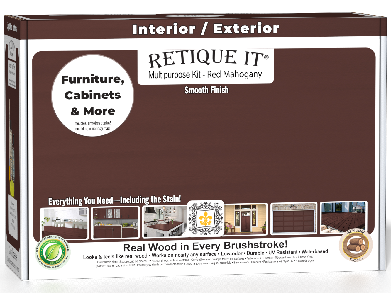 Retique It® Multi-purpose Smooth Finish Kit in Red Mahogany for exterior wood with a matte top coat, shown in a box with tools.