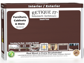 Retique It® Multi-purpose Smooth Finish Kit in Red Mahogany for exterior wood with a matte top coat, shown in a box with tools.