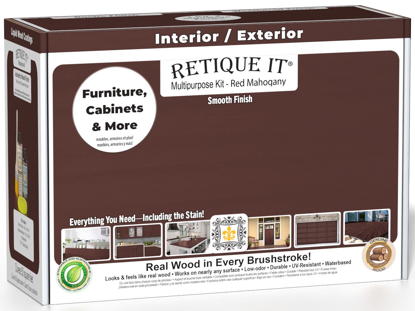 Retique It® Multi-purpose Smooth Finish Kit in Red Mahogany for exterior wood projects, featuring a matte top coat and wood finish.