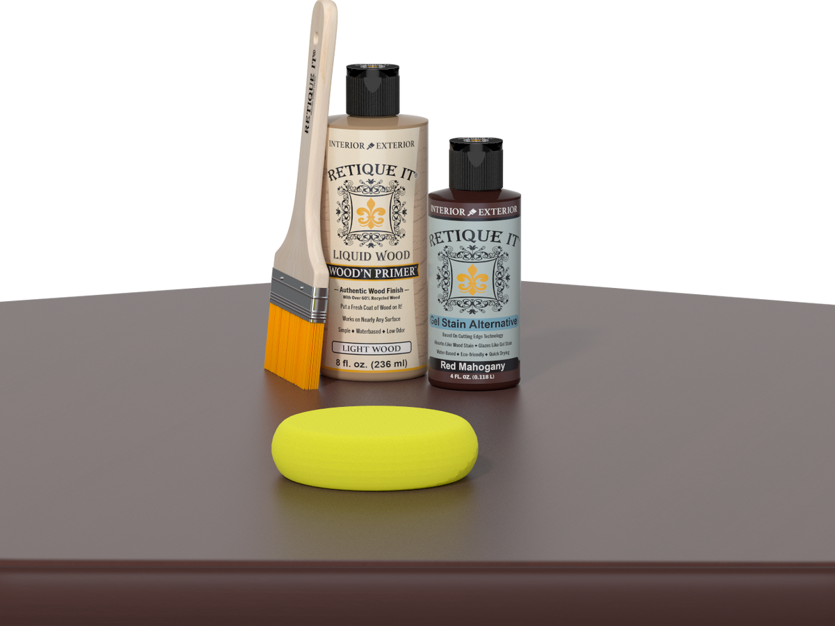 Retique It® Multi-purpose Smooth Finish Kit in Red Mahogany for wood finishing, shown on a table surface.