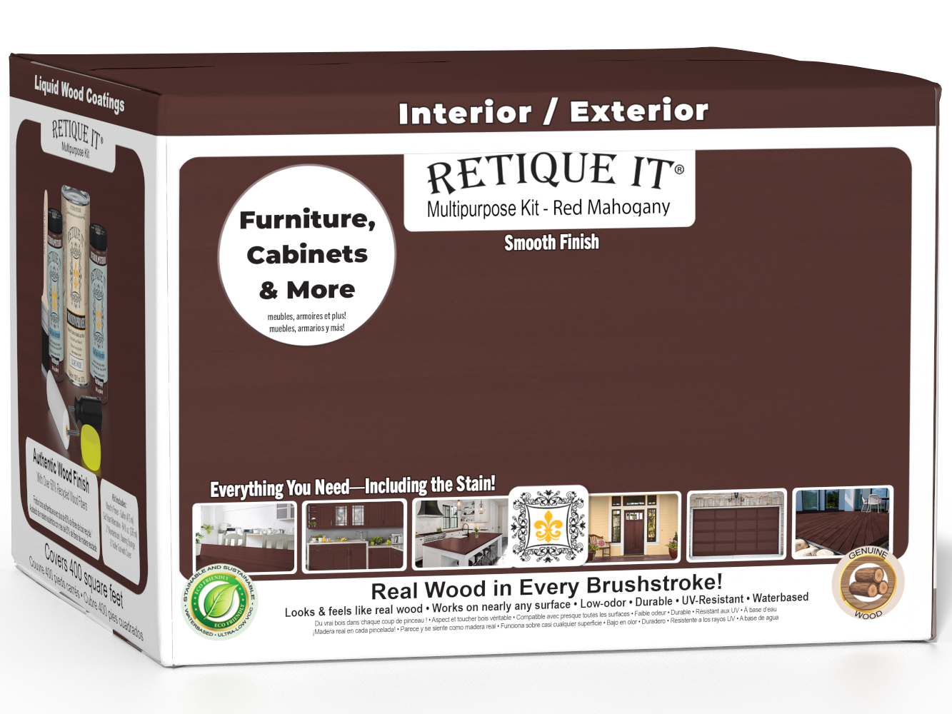 Retique It® Multi-purpose Smooth Finish Kit in Red Mahogany for exterior wood projects, includes four large top coat containers.