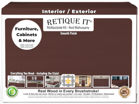 Retique It® Wood'n Finish Kit with four large Red Mahogany exterior top coat bottles and applicator tools.