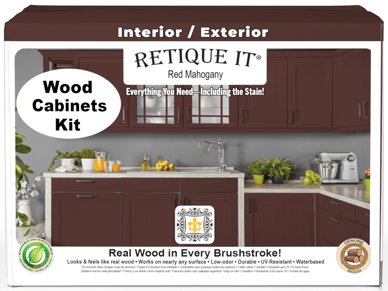 Red mahogany stained wood cabinet kit with 48 smooth doors, designed for kitchen or storage installation by Retique It®.