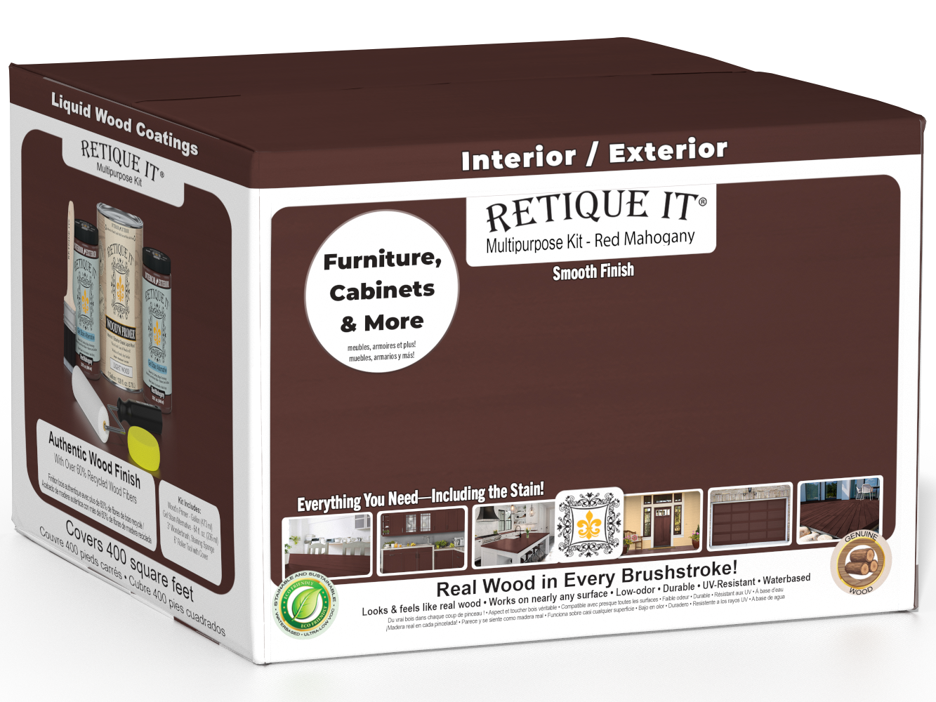 Retique It® Multi-purpose Smooth Finish Kit in Red Mahogany for interior wood top coating, includes four large finish bottles.