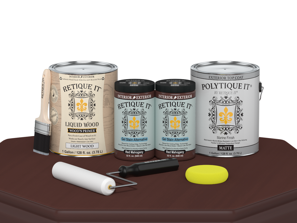 Retique It® Multi-purpose Smooth Finish Kit in Red Mahogany for exterior wood projects, includes four large top coat bottles.