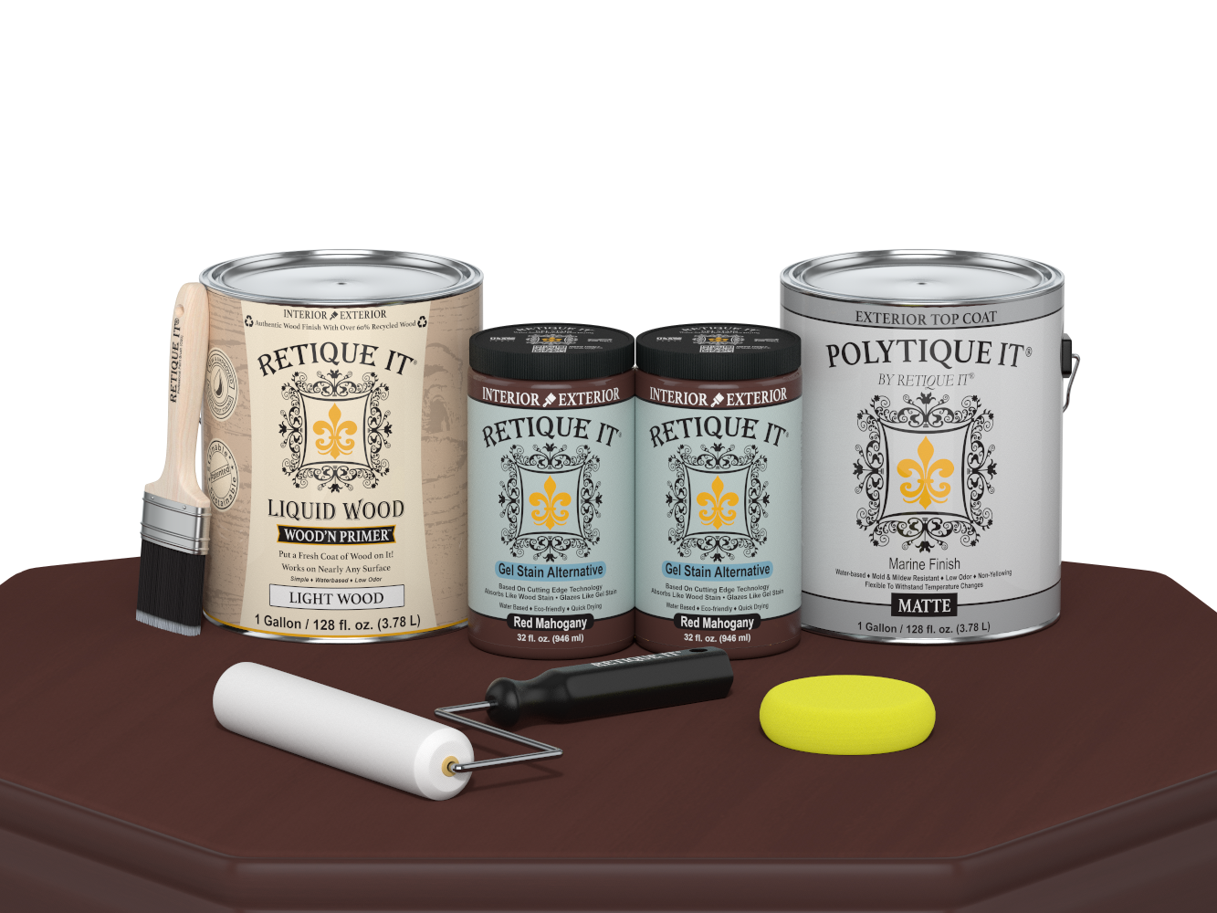Retique It® Multi-purpose Smooth Finish Kit in Red Mahogany for exterior wood projects, includes four large top coat bottles.