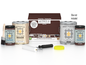 Retique It® multi-purpose smooth finish kit with four red mahogany exterior top coat wood finish containers and applicator tools.