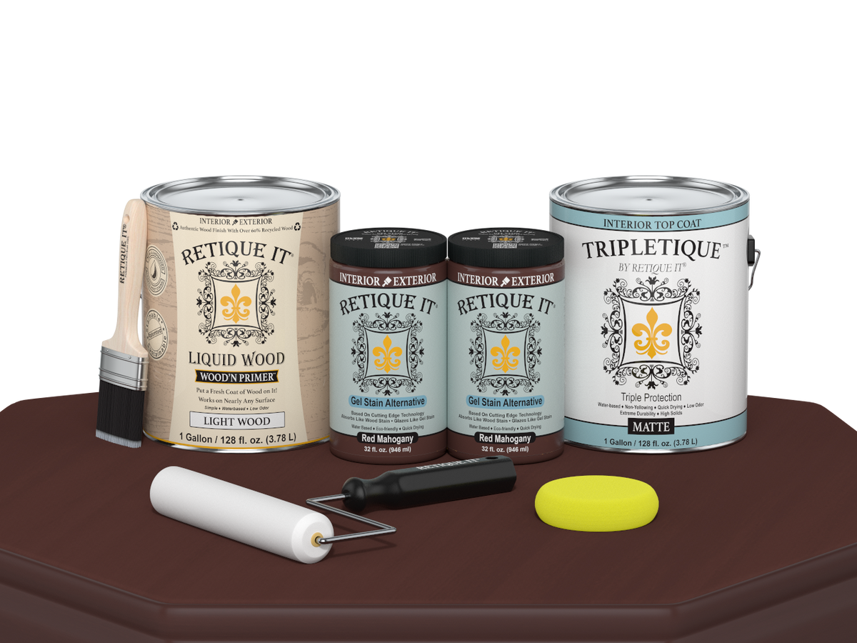 Retique It® Multi-purpose Smooth Finish Kit in Red Mahogany for interior wood, featuring matte top coat and four large bottles.
