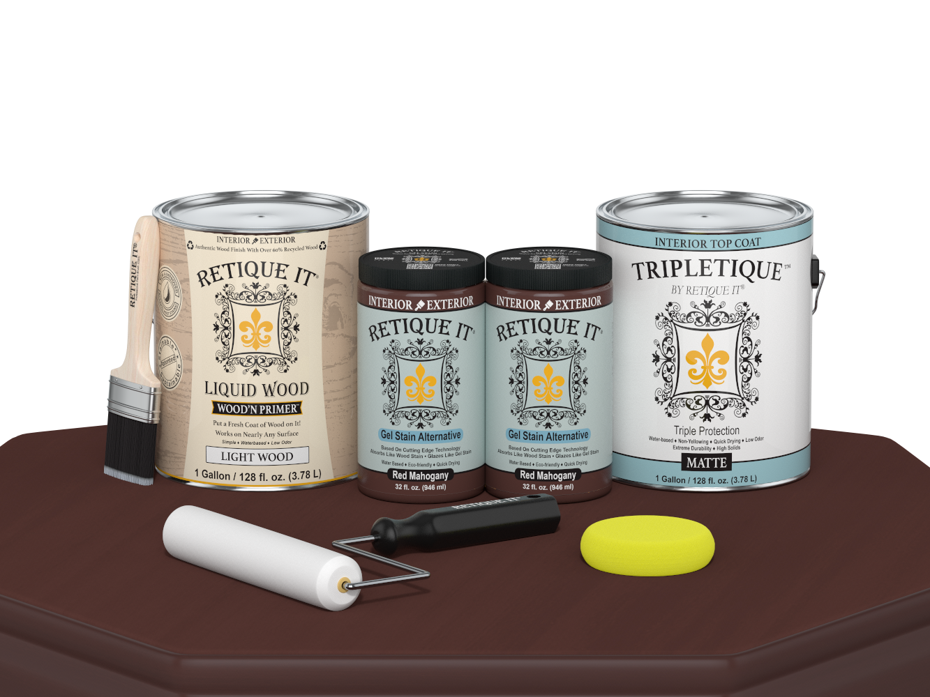 Retique It® Multi-purpose Smooth Finish Kit in Red Mahogany for interior wood, featuring matte top coat and four large bottles.