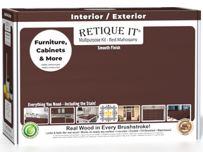 Retique It® Multi-purpose Smooth Finish Kit in Red Mahogany for wood finishing, shown in a compact box with tools and materials.