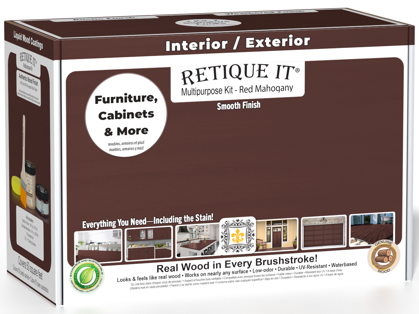 Retique It® Multi-purpose Smooth Finish Kit in Red Mahogany for exterior wood, featuring a matte top coat and wood finish tools.