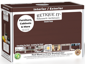 Retique It® Multi-purpose Smooth Finish Kit in Red Mahogany for exterior wood, featuring a matte top coat and wood finish tools.