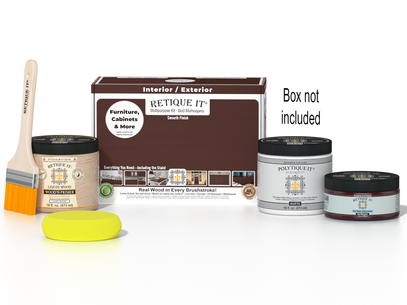 Retique It® Multi-purpose Smooth Finish Kit in Red Mahogany for exterior wood top coating, includes application tools and instructions.