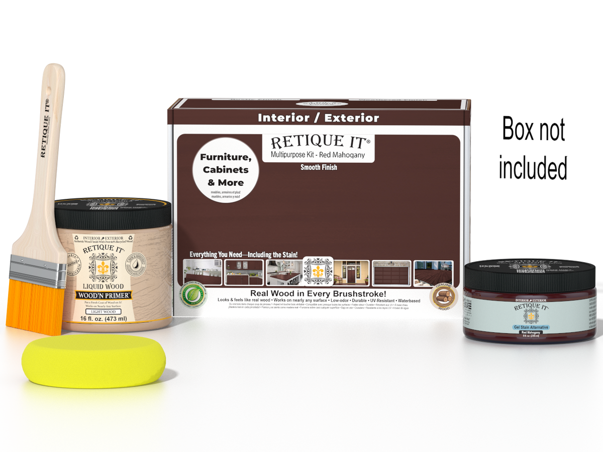 Retique It® Multi-purpose Smooth Finish Kit in Red Mahogany for wood finishing, includes tools and materials for a polished look.