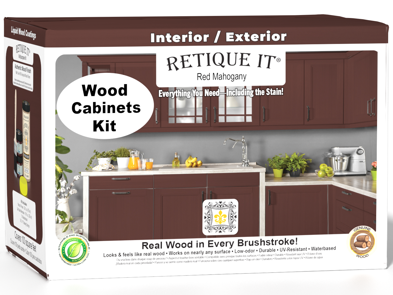 Retique It® Wood'n Cabinet Kit with 12 smooth doors in red mahogany stain, ideal for kitchen or bathroom cabinets.