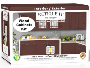 Retique It® Wood'n Cabinet Kit with 12 smooth doors in red mahogany stain, ideal for kitchen or bathroom cabinets.