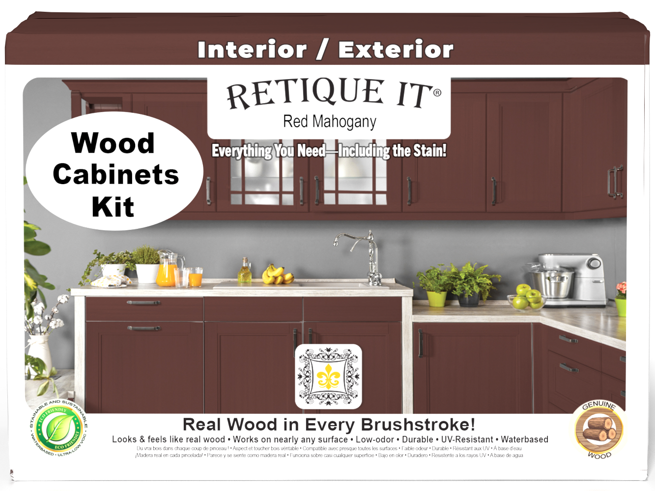 Retique It® Wood'n Cabinet Kit with 12 smooth doors in red mahogany stain, featuring modern cabinet design.