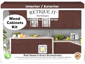 Retique It® Wood'n Cabinet Kit with 12 smooth doors in red mahogany stain, featuring modern cabinet design.