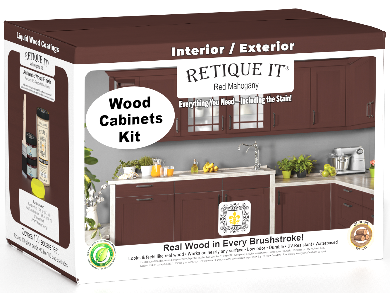 Retique It® Wood'n Cabinet Kit with 12 smooth doors in red mahogany stain for cabinetry refurbishment.