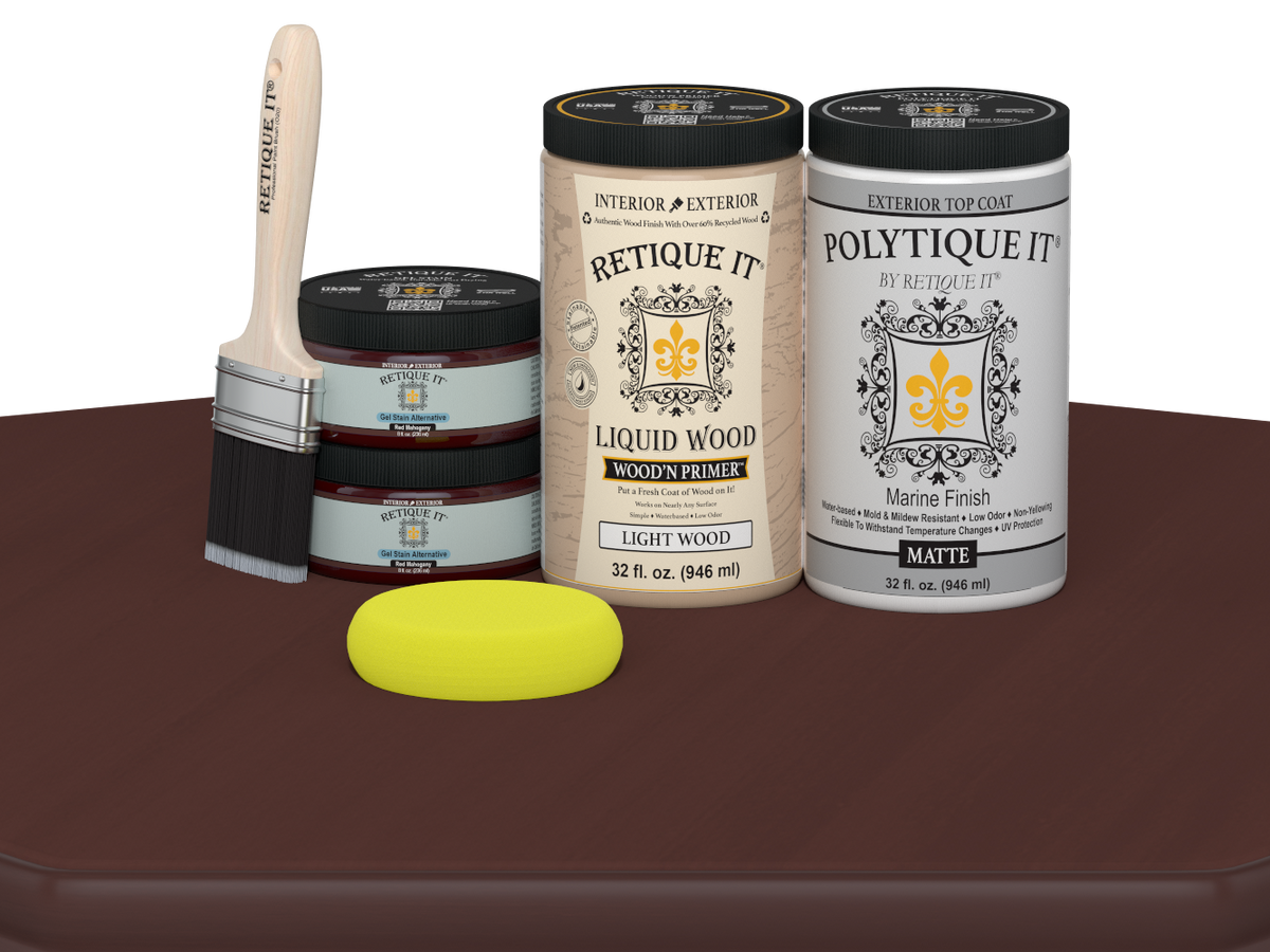 Red Mahogany Multi-purpose Smooth Finish Kit by Retique It® for exterior wood top coating, includes large wood finishing supplies.