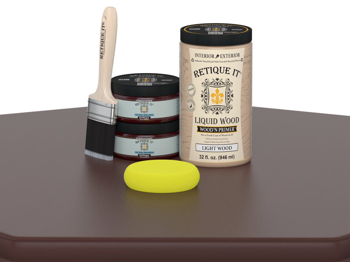 Retique It® Wood'n Cabinet Kit with 12 smooth red mahogany stained cabinet doors, showcasing a sleek, polished finish.