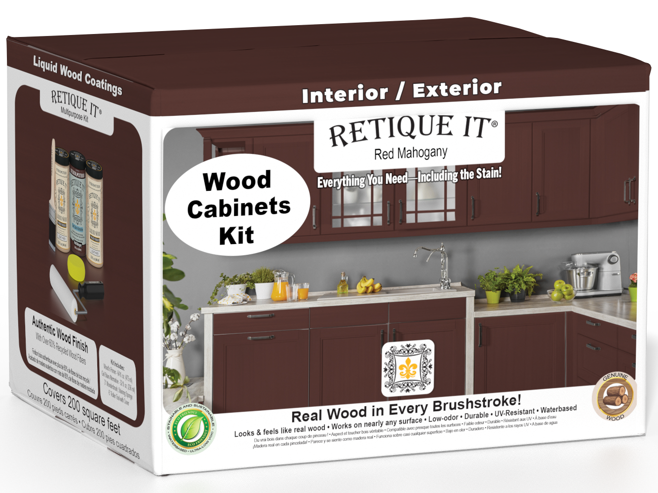 Retique It® Wood'n Cabinet Kit with 24 smooth door panels in Red Mahogany stain, ideal for cabinet furniture and refinishing projects.
